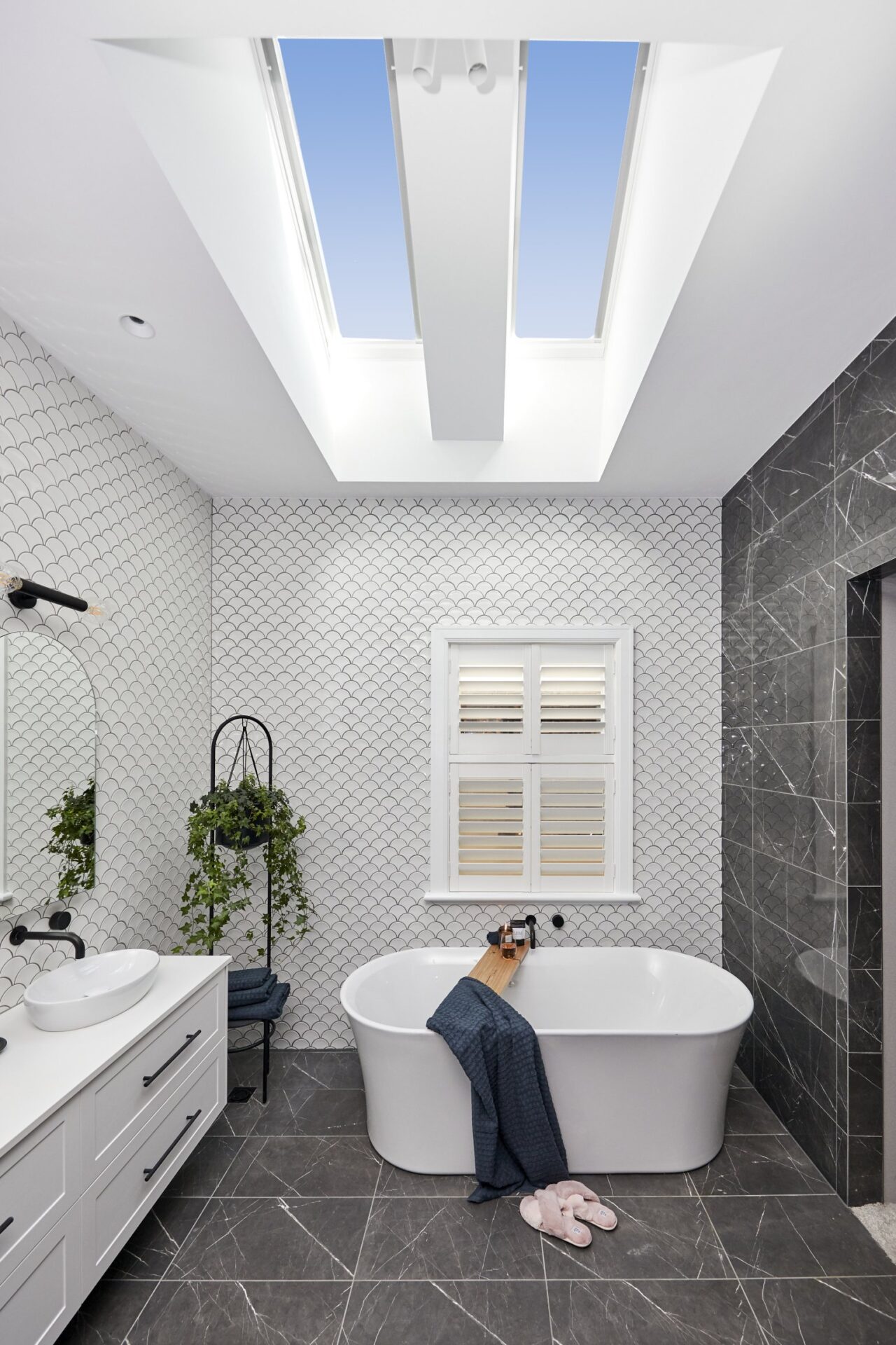 skylight adding natural light to a small bathroom